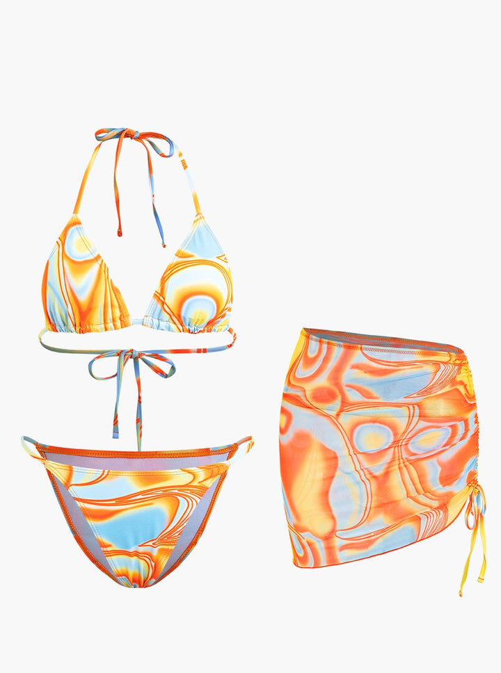 Abstract Print Halter Bikini Σετ 3 τεμαχίων