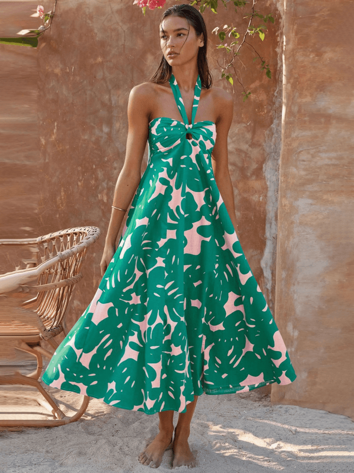 Loral Print Halter Maxi ruha-zöld
