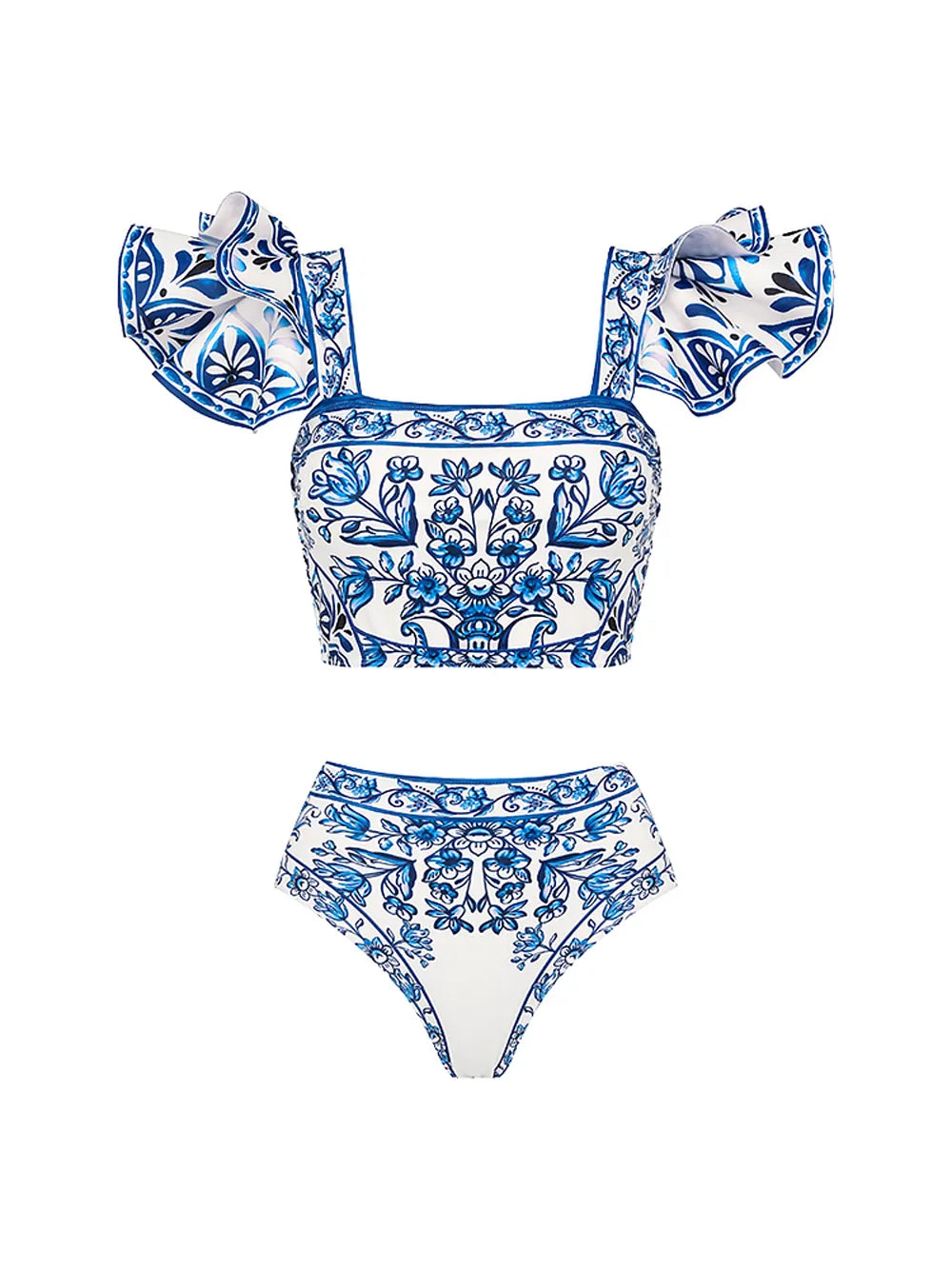 Bikini-Badeanzug mit Majolika-Print und Rüschen in Blau und Weiß aus Porzellan