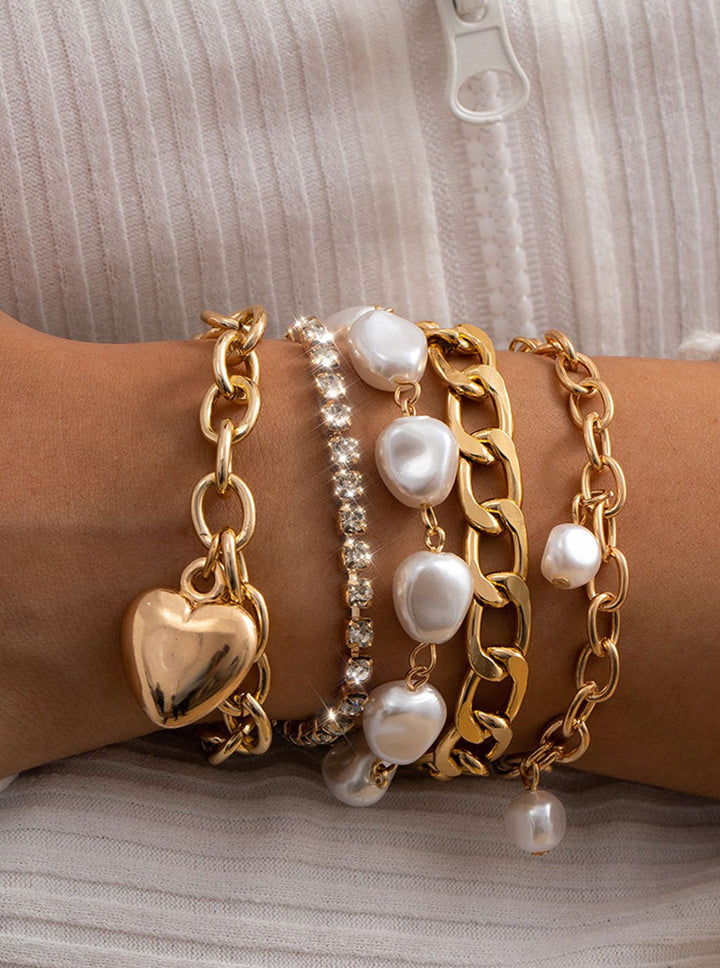 Metal Chain and Pearl Layered Bracelet Set