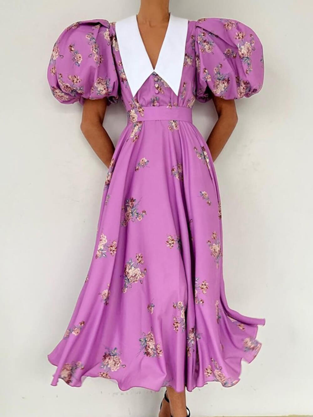 Robe midi française à col de poupée maxi