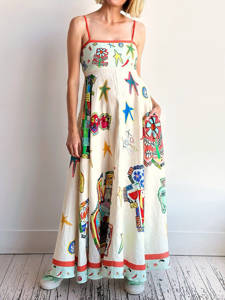Wyjątkowa sukienka midi z szelkami i nadrukiem graffiti, długa, rozkloszowana