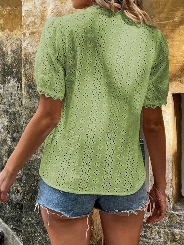 Women's V-Neck Short Sleeve Top with Lace Trim