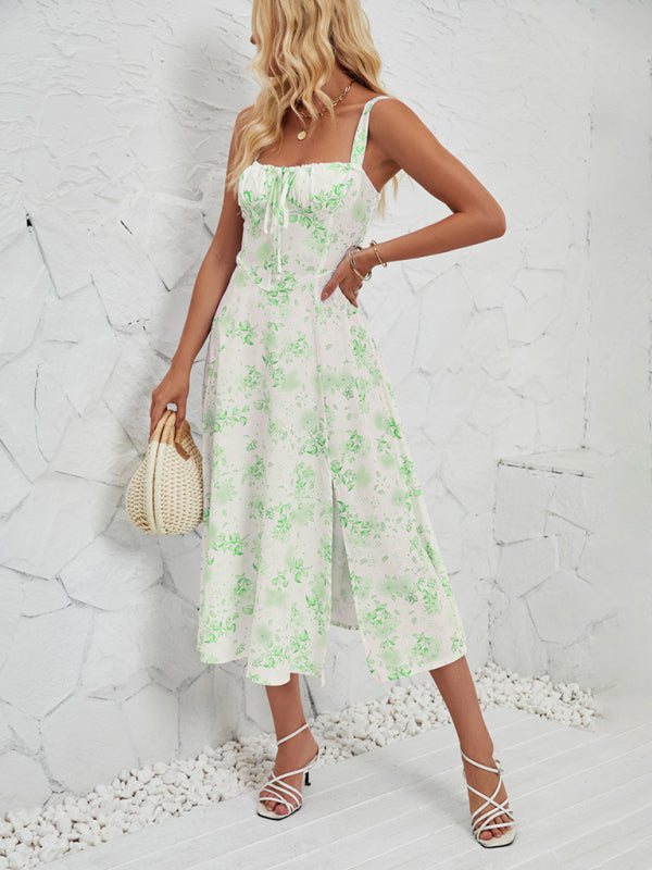 여성용 민소매 꽃무늬 여름 미디 드레스(레그 슬릿 포함)