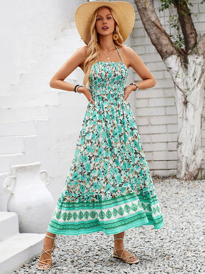 Vestido maxi com estampa floral no peito e decote frente única