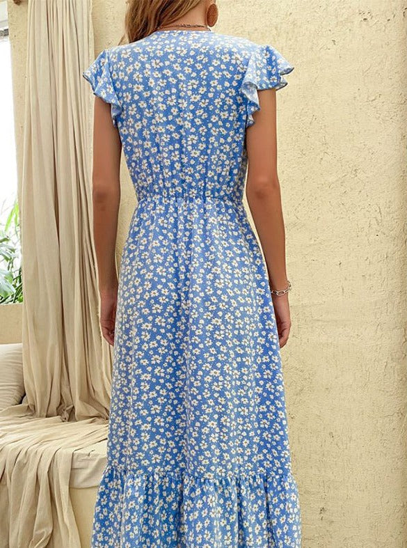 V Neck Floral Print Tie Waist Maxi Dress