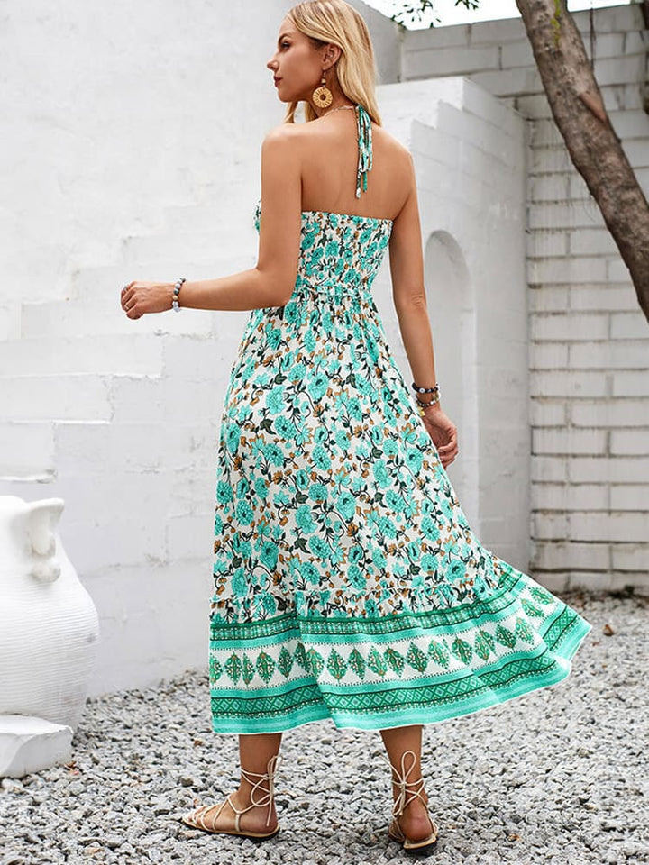 Vestido maxi com estampa floral no peito e decote frente única