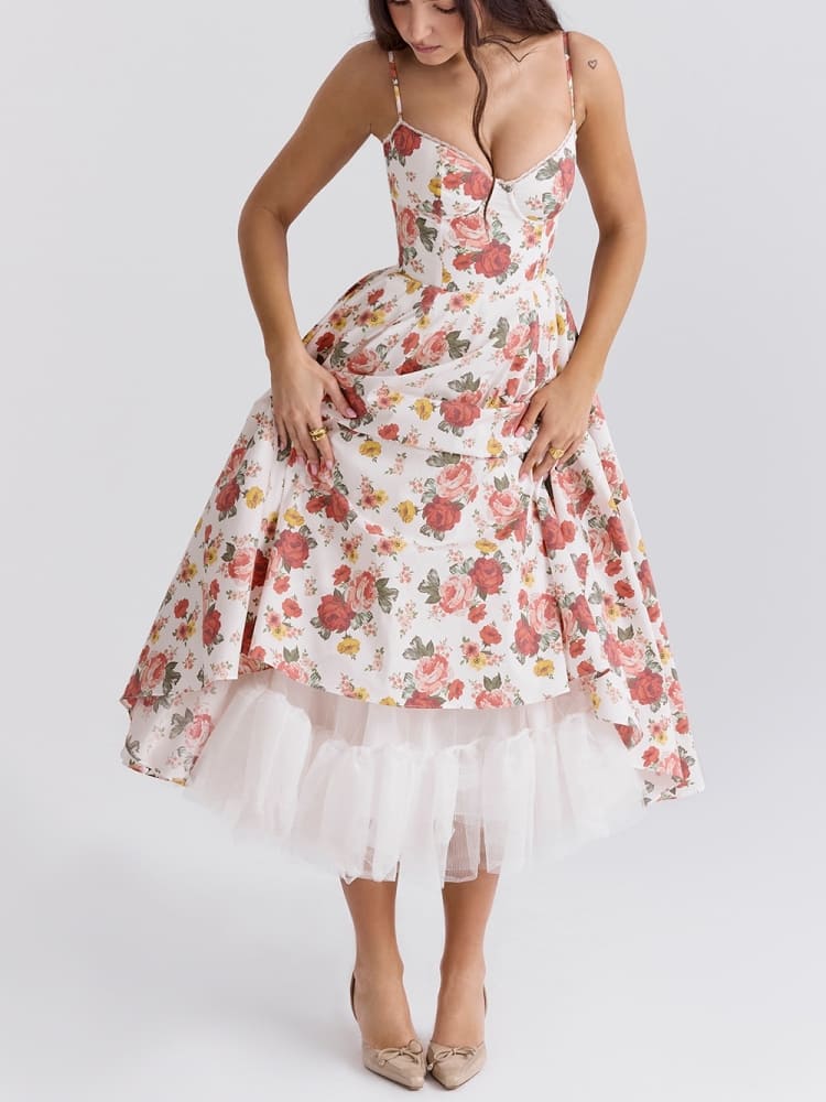 Włoska tiulowa sukienka midi z nadrukiem róż