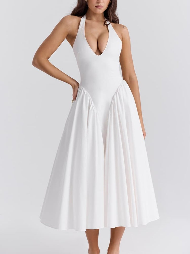 Biała bawełniana sukienka midi z halterem