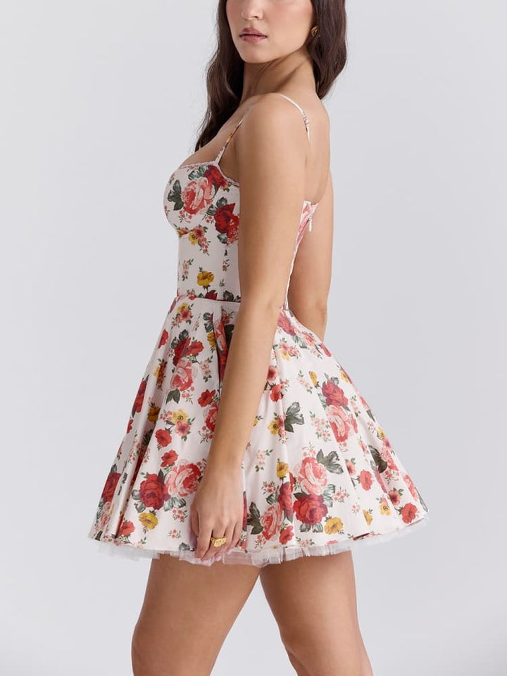 Minivestido italiano de tule com estampa rosa