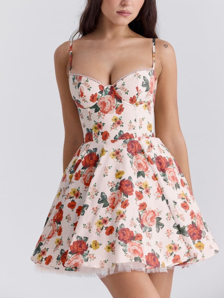 فستان قصير من التول بطباعة الورد الإيطالي