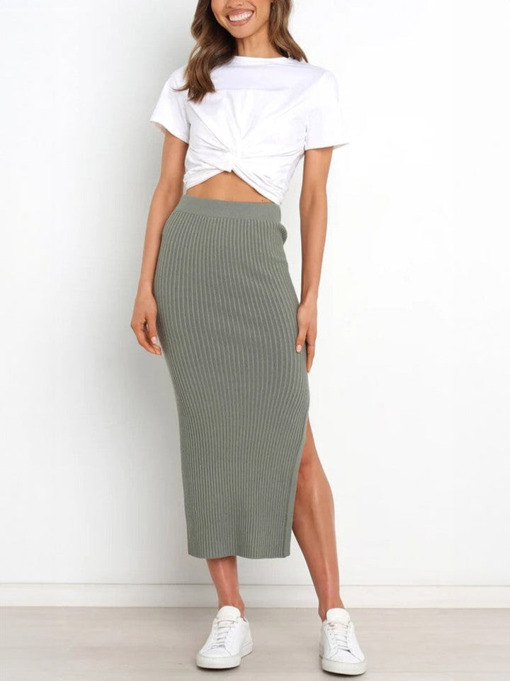 Green Ribbed Knit Midi Skirts