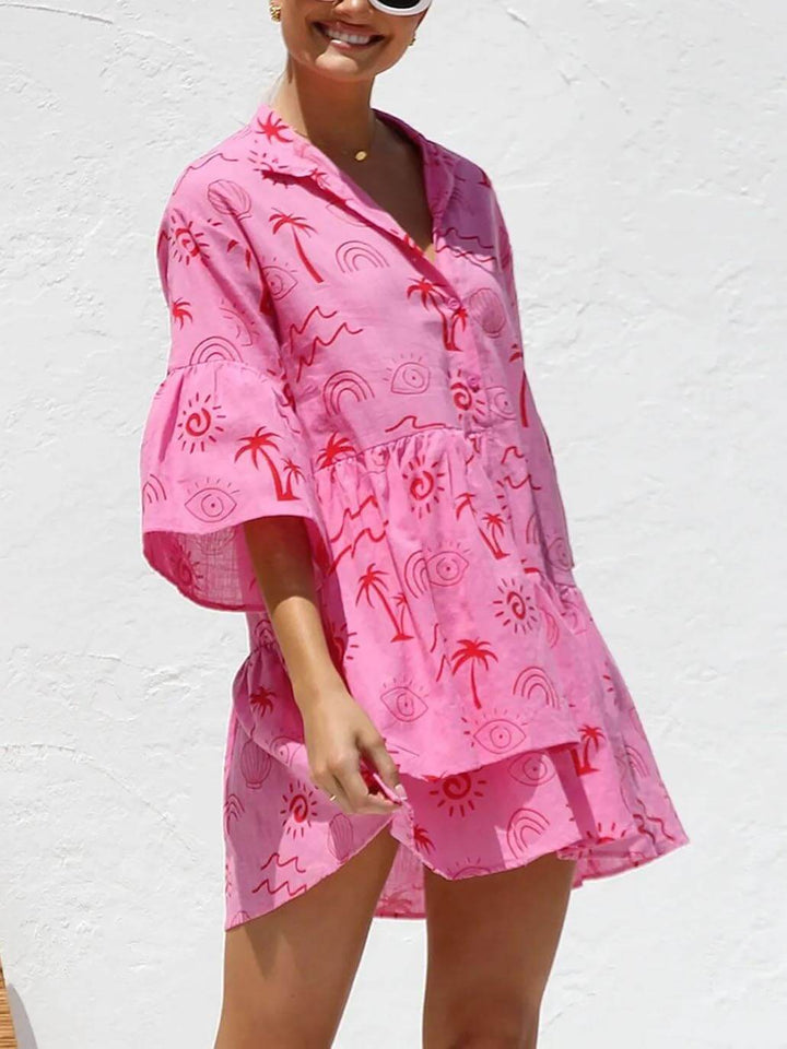 エスニックスタイルルーズシャツショートドレス-ピンク