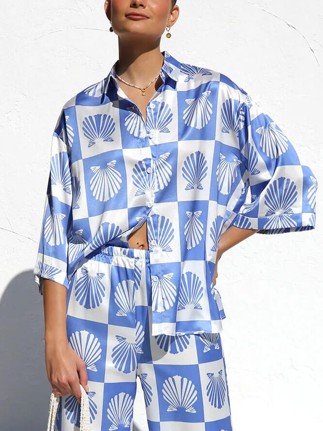 Special Satin Shell Print Button-Down Shirt Two-Pieces Set