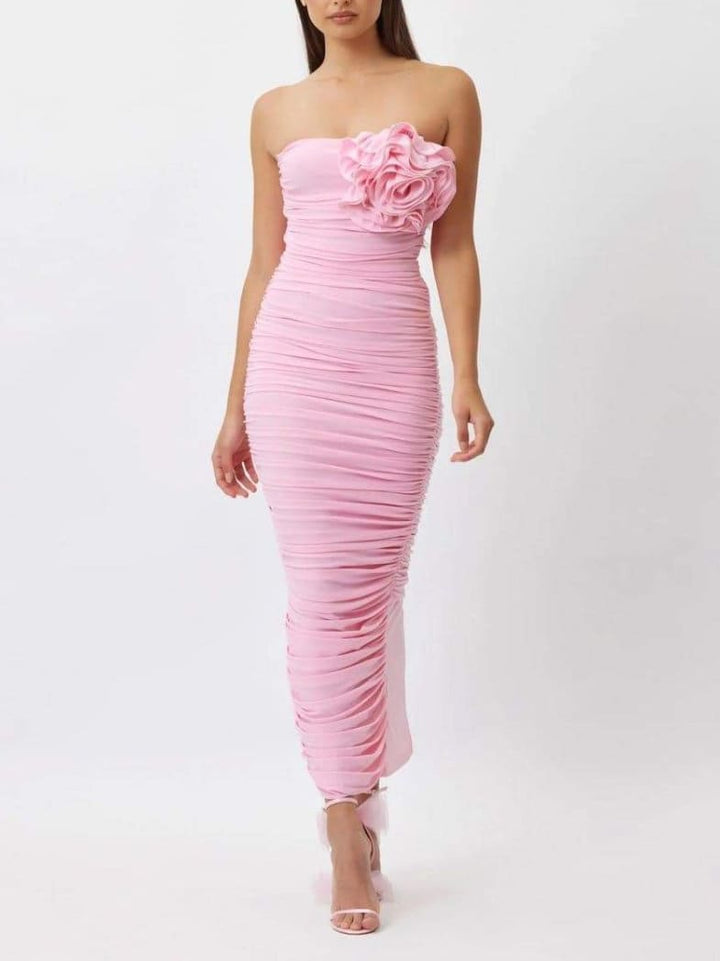 Ροζ φλοράλ φόρεμα με έναν ώμο από σατέν
