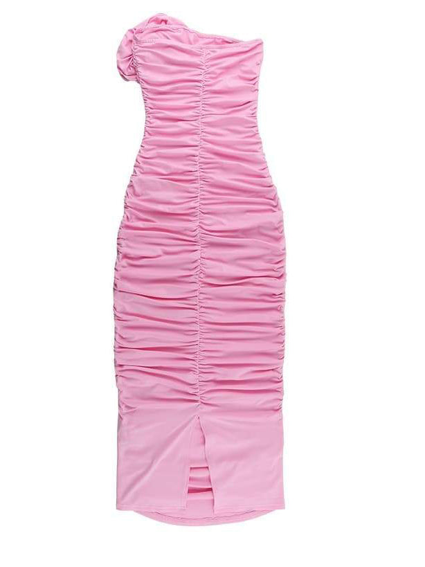 핑크 플로럴 원 숄더 주름 장식 새틴 드레스