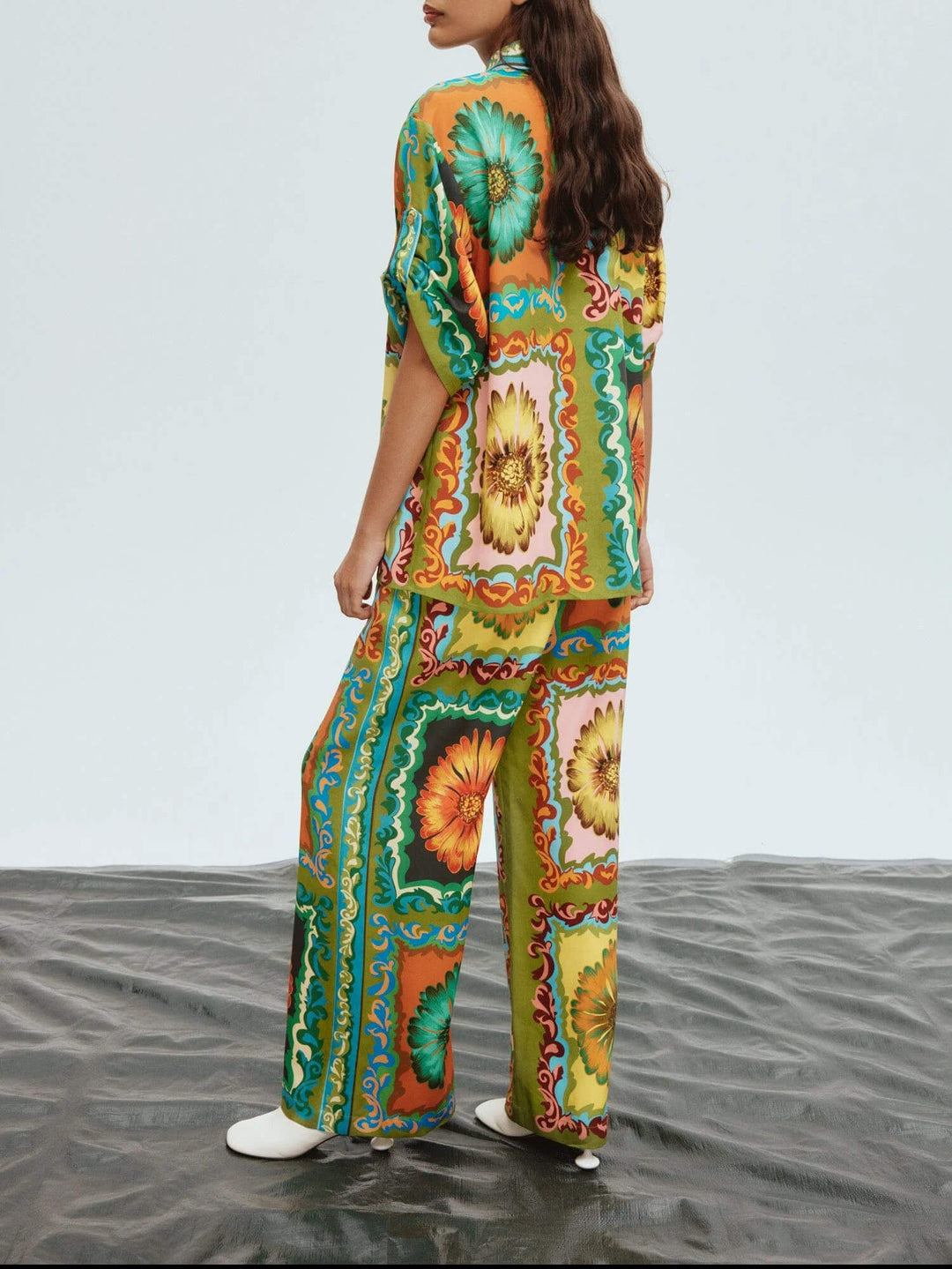 Unique Sunflower Print Wide Leg Pants Set